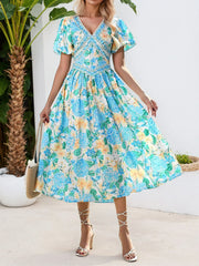 Ditsy Floral Elegant Wrinkle V-neck Puff A-line Dress