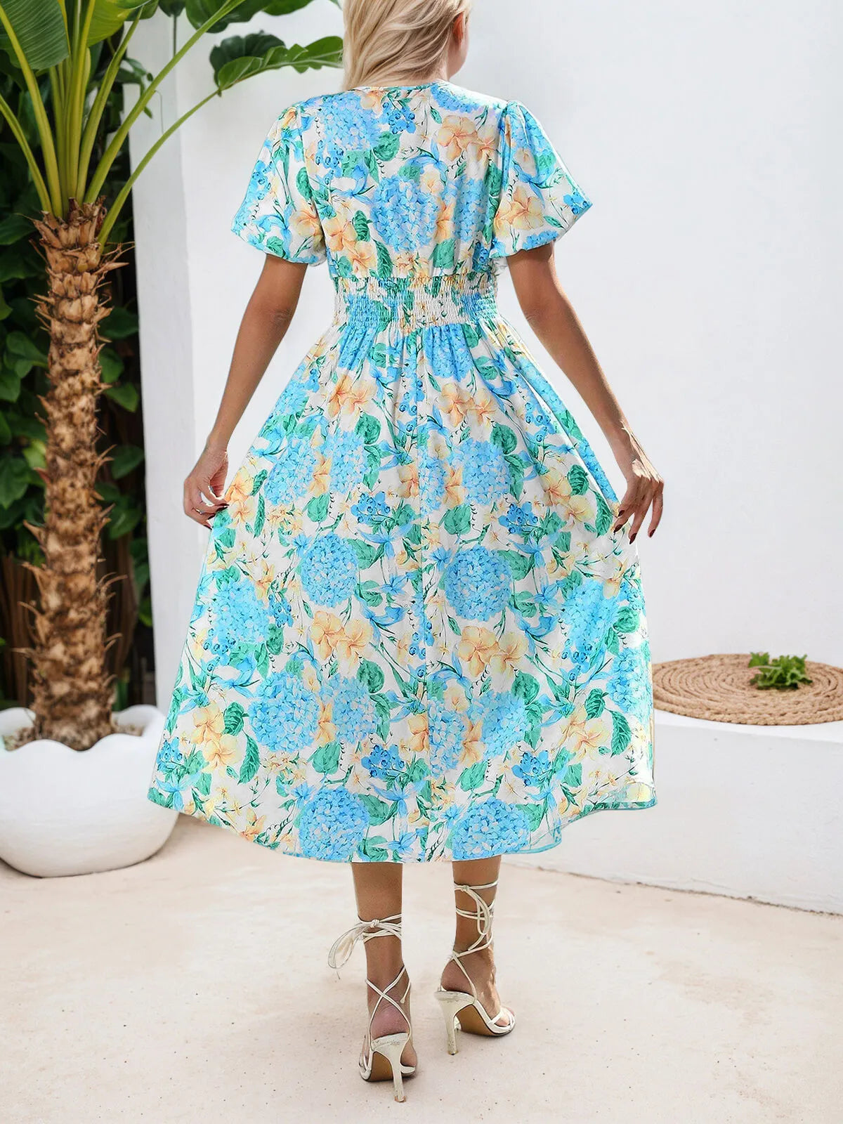 Ditsy Floral Elegant Wrinkle V-neck Puff A-line Dress
