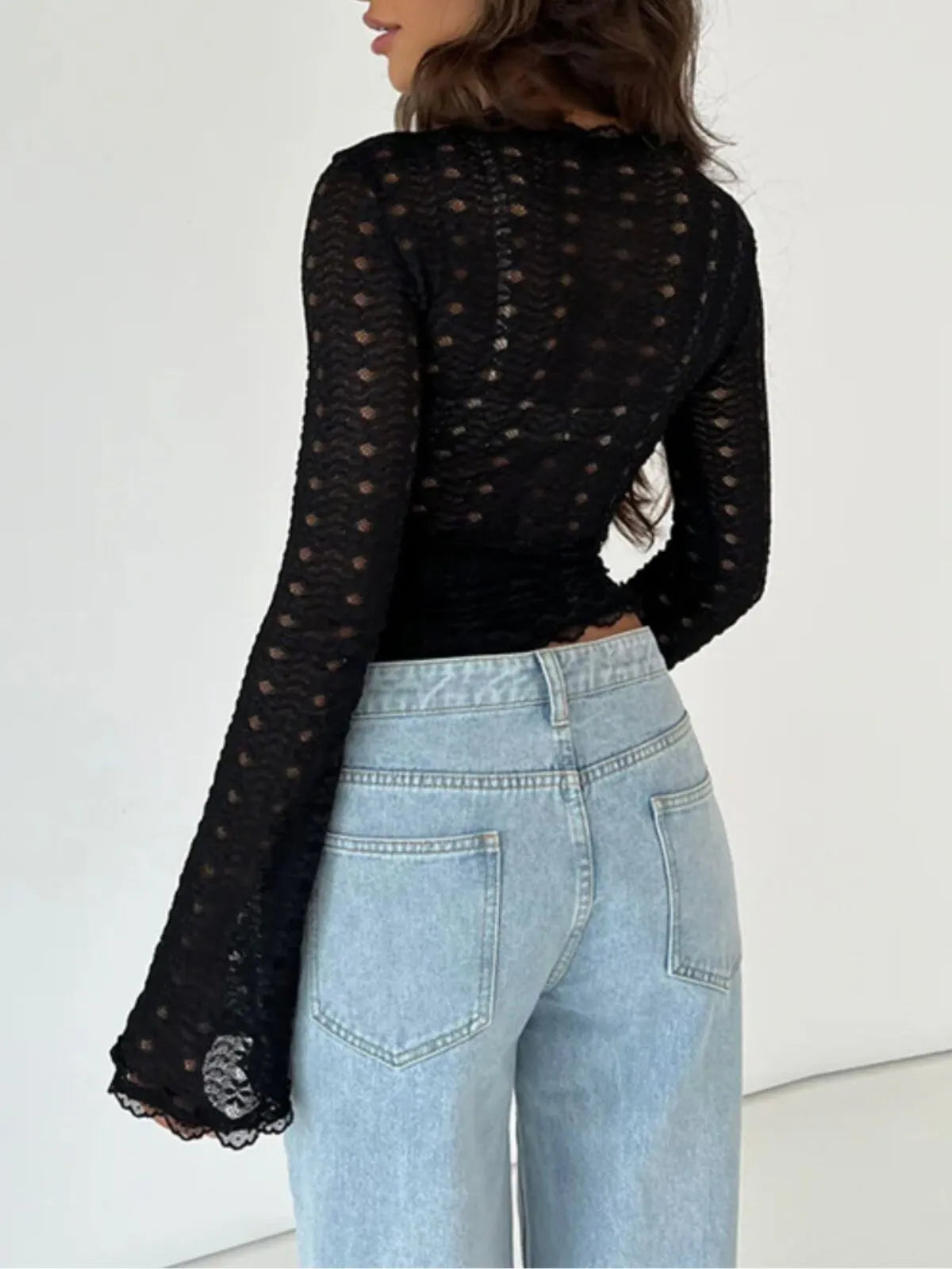 Ditsy Floral Lace Deep V Neck Flounce Sleeve Extra-long Sleeve Lace Wrap T-shirt