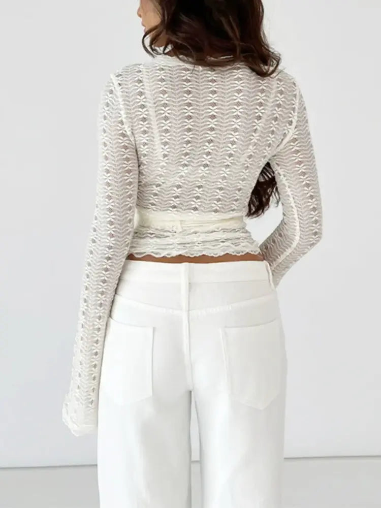 Ditsy Floral Lace Deep V Neck Flounce Sleeve Extra-long Sleeve Lace Wrap T-shirt