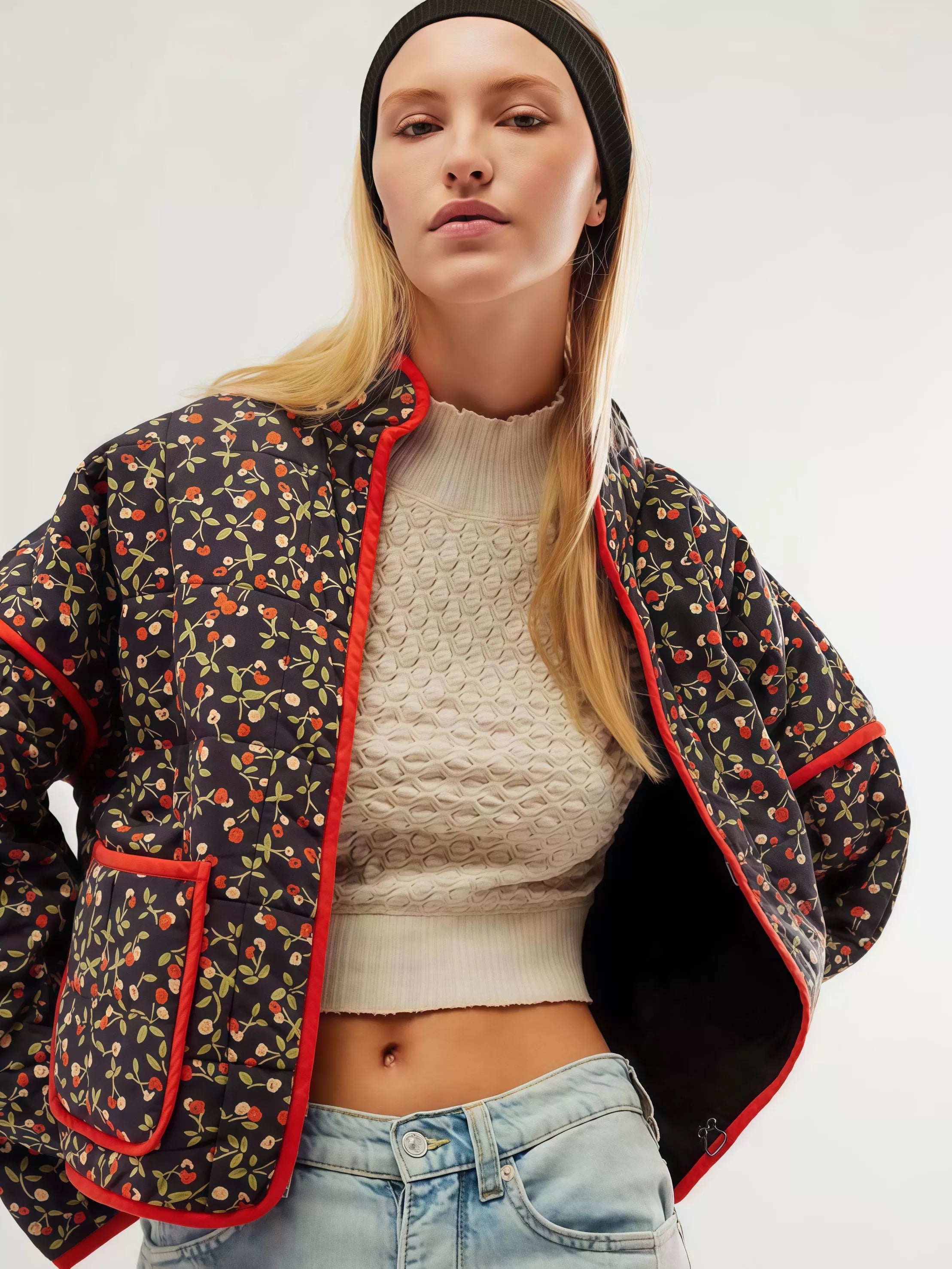 Ditsy Floral Lace-up Stand Collar Outwear Coat