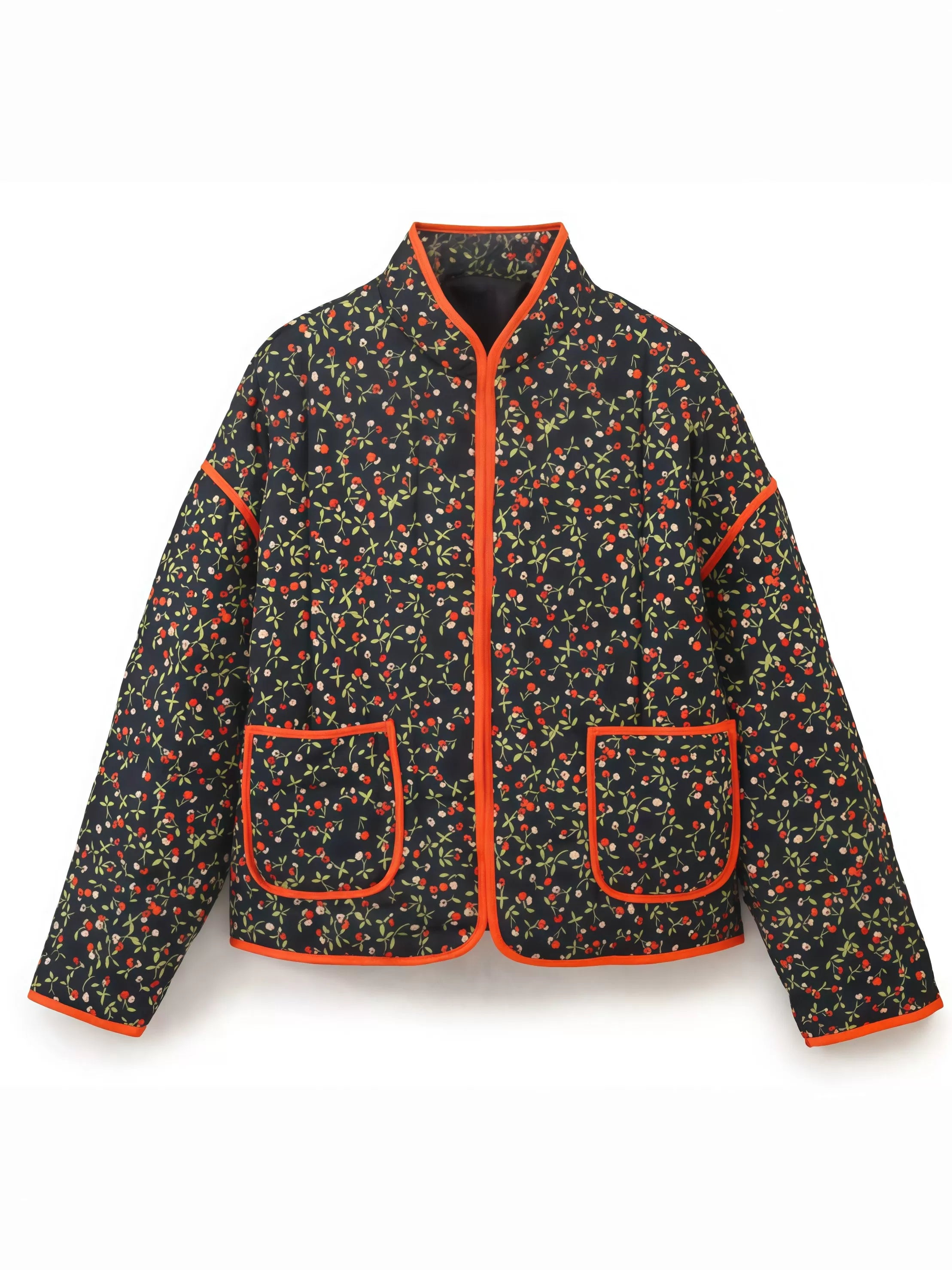 Ditsy Floral Lace-up Stand Collar Outwear Coat
