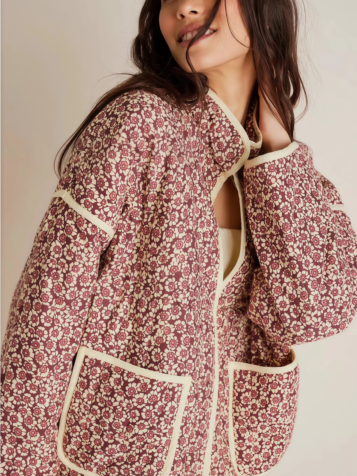 Ditsy Floral Lace-up Stand Collar Outwear Coat