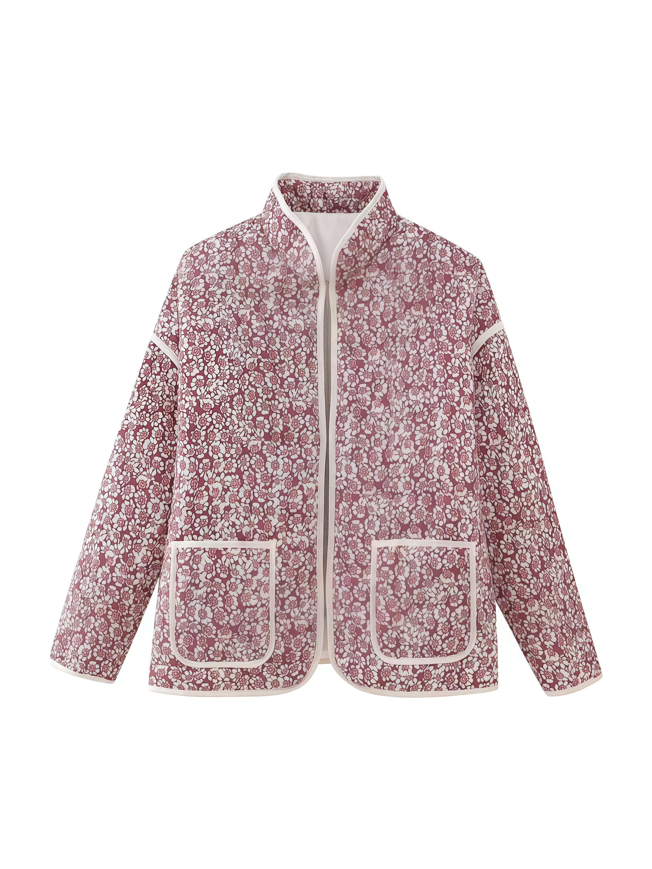 Ditsy Floral Lace-up Stand Collar Outwear Coat