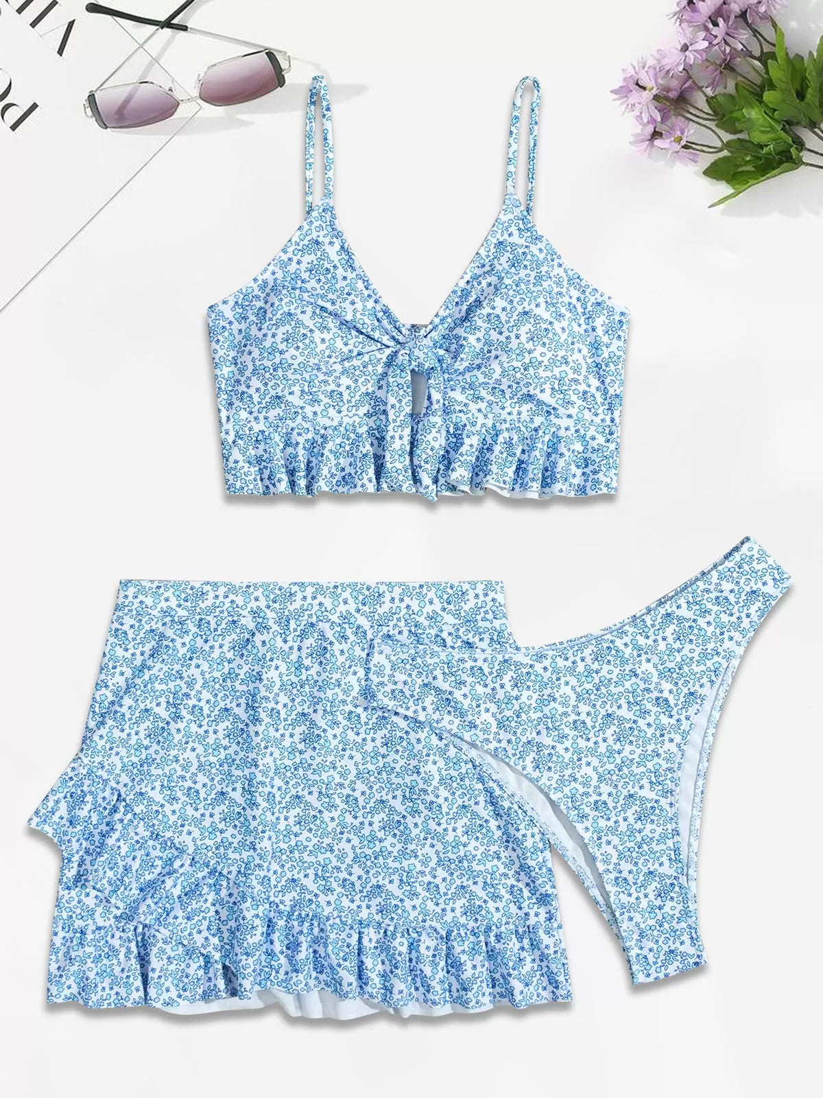 Ditsy Floral Ruffles High Rise Spaghetti Strap Bikini Sets