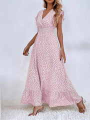 Ditsy Floral All Over Print Boho Ruffles Cap Sleeve V-neck Flounce Sleeve A-line Dress