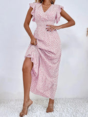 Ditsy Floral All Over Print Boho Ruffles Cap Sleeve V-neck Flounce Sleeve A-line Dress