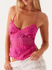 Ditsy Floral Sequins V-neck Chiffon Wrap Cami