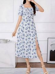 Ditsy Floral Split Square Neck Puff A-line Dress