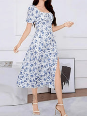 Ditsy Floral Split Square Neck Puff A-line Dress