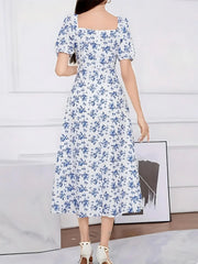 Ditsy Floral Split Square Neck Puff A-line Dress