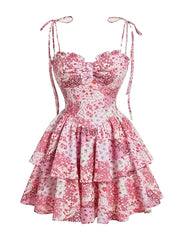 Ditsy Floral Sweet Garden Backless Spaghetti Strap Tiered Dress