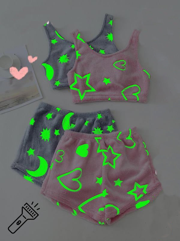 2PCS Glowing Halloween Ghost Flannel Pajama Set