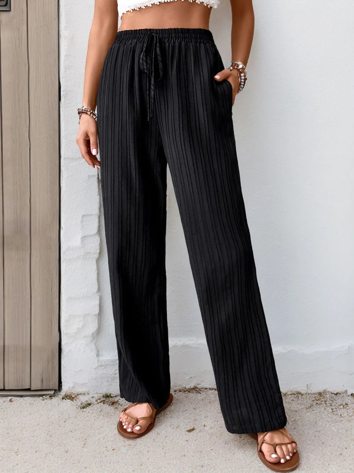 Elegant Drape High Rise Adjustable Waist Straight Leg Pants