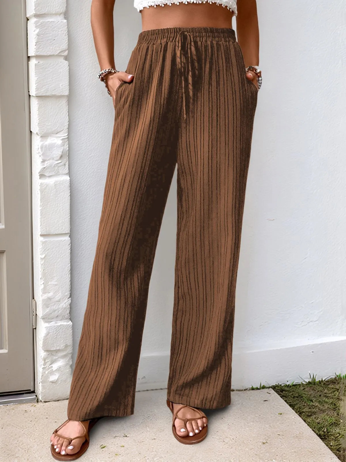 Elegant Drape High Rise Adjustable Waist Straight Leg Pants