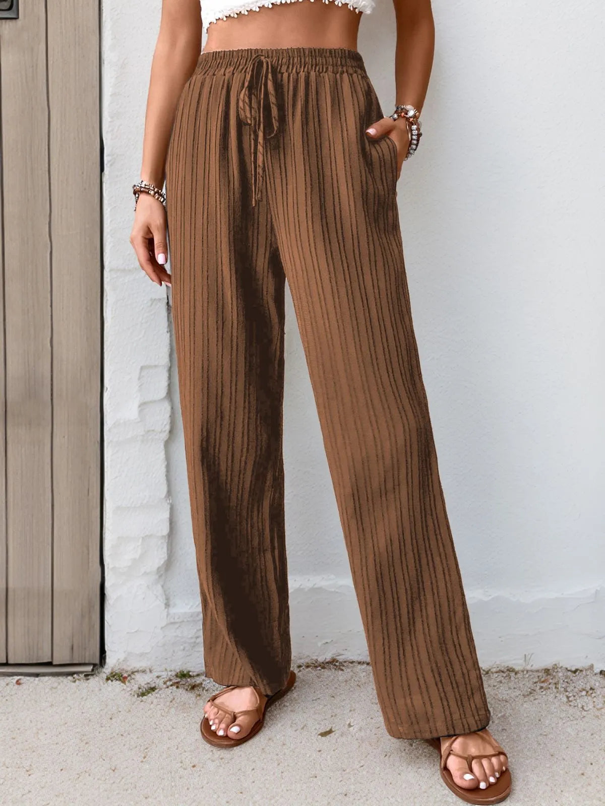 Elegant Drape High Rise Adjustable Waist Straight Leg Pants