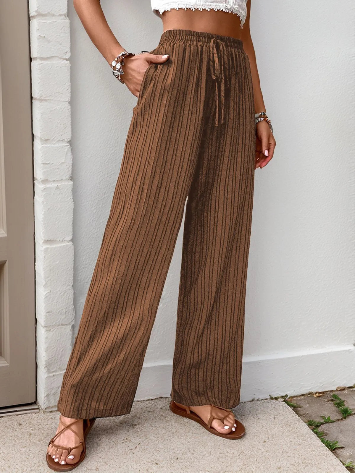 Elegant Drape High Rise Adjustable Waist Straight Leg Pants