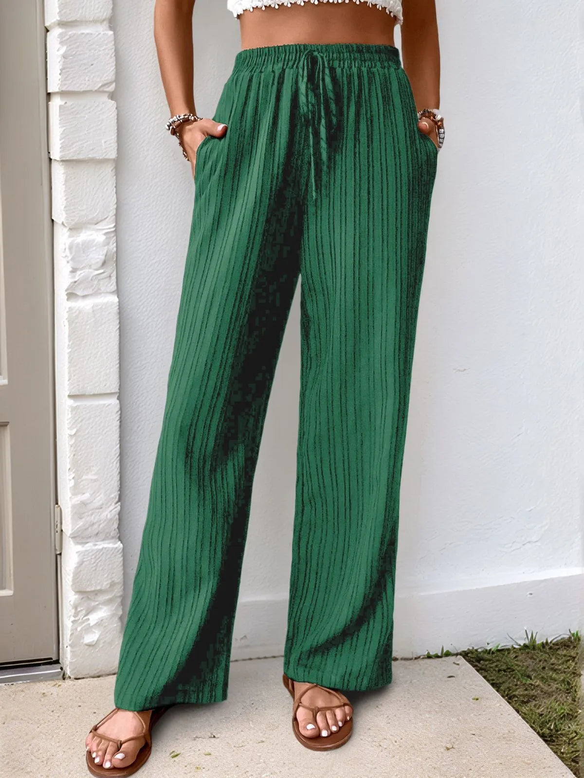Elegant Drape High Rise Adjustable Waist Straight Leg Pants