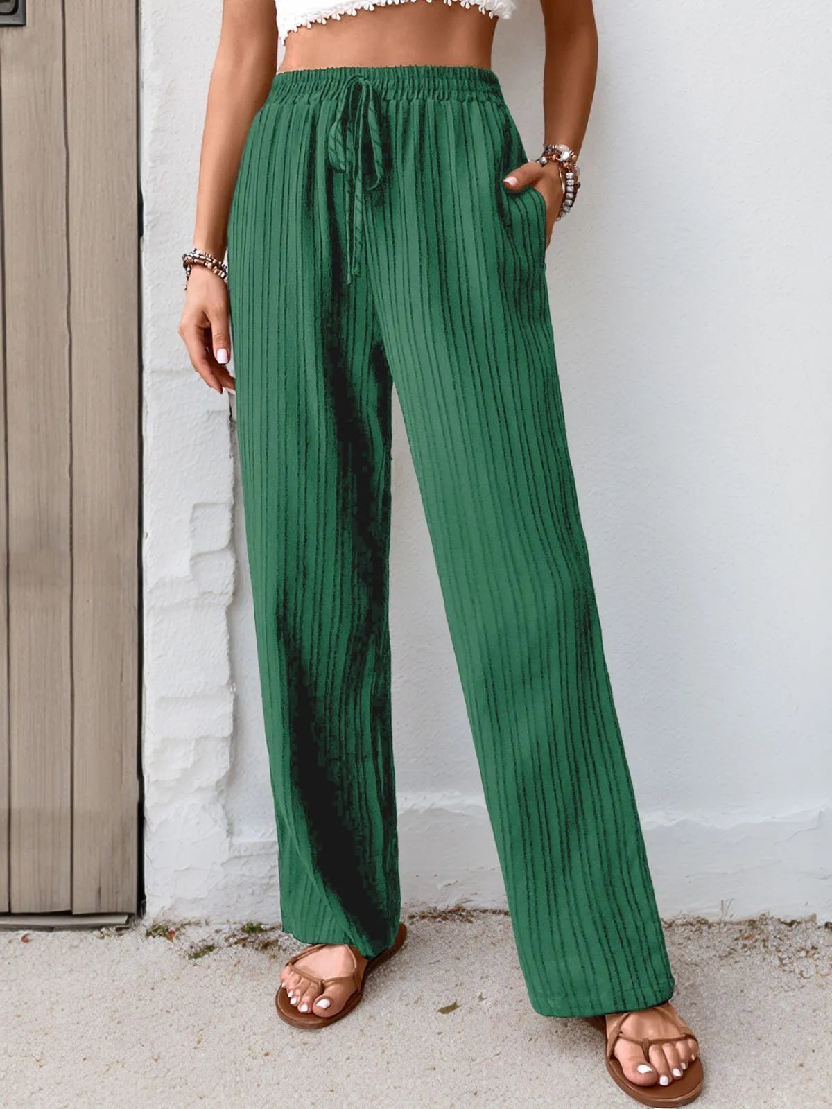 Elegant Drape High Rise Adjustable Waist Straight Leg Pants