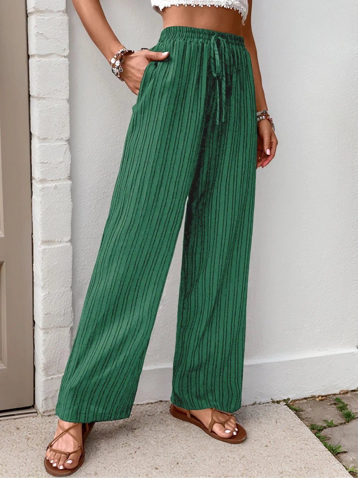 Elegant Drape High Rise Adjustable Waist Straight Leg Pants