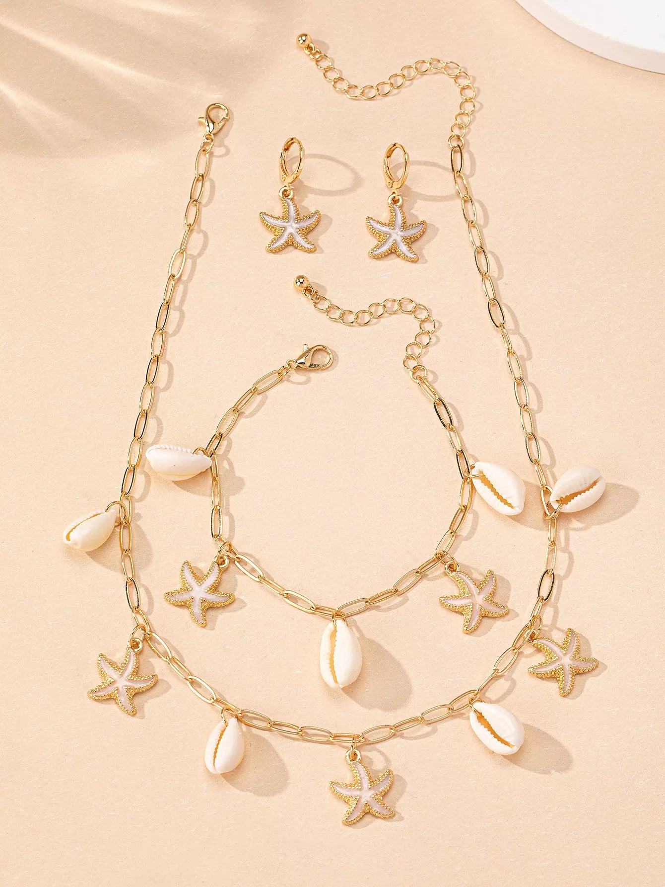 Elegant Style 3 Piece Set Aluminum Alloy Starfish Earrings & Necklace & Bracelet Jewelry Set