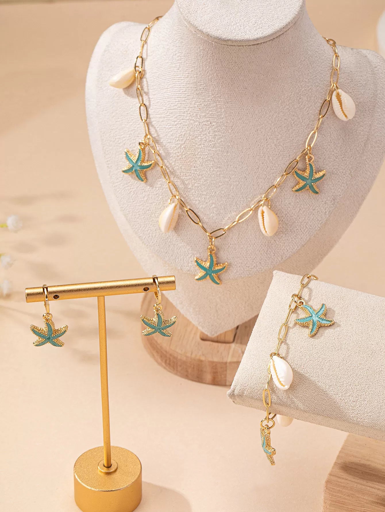 Elegant Style 3 Piece Set Aluminum Alloy Starfish Earrings & Necklace & Bracelet Jewelry Set