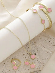 Elegant Style 5pcs Flowers Alloy Earrings & Necklace & Bracelets & Ring Accessories Set