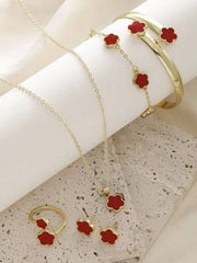 Elegant Style 5pcs Flowers Alloy Earrings & Necklace & Bracelets & Ring Accessories Set