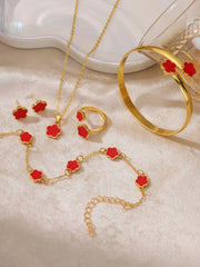 Elegant Style 5pcs Flowers Alloy Earrings & Necklace & Bracelets & Ring Accessories Set