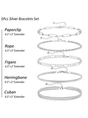 5pcs Trendy Thin Dainty Stackable Cuban Link Paperclip Chain Bracelet