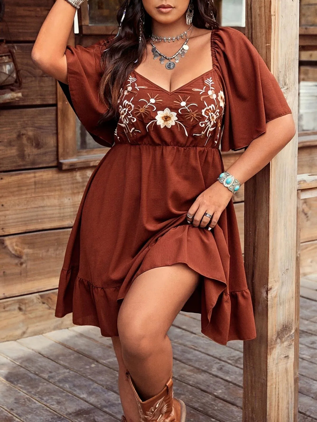 Embroidery Square Neck Flounce Sleeve Skater Dress