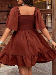 Embroidery Square Neck Flounce Sleeve Skater Dress
