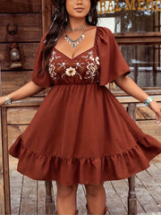 Embroidery Square Neck Flounce Sleeve Skater Dress