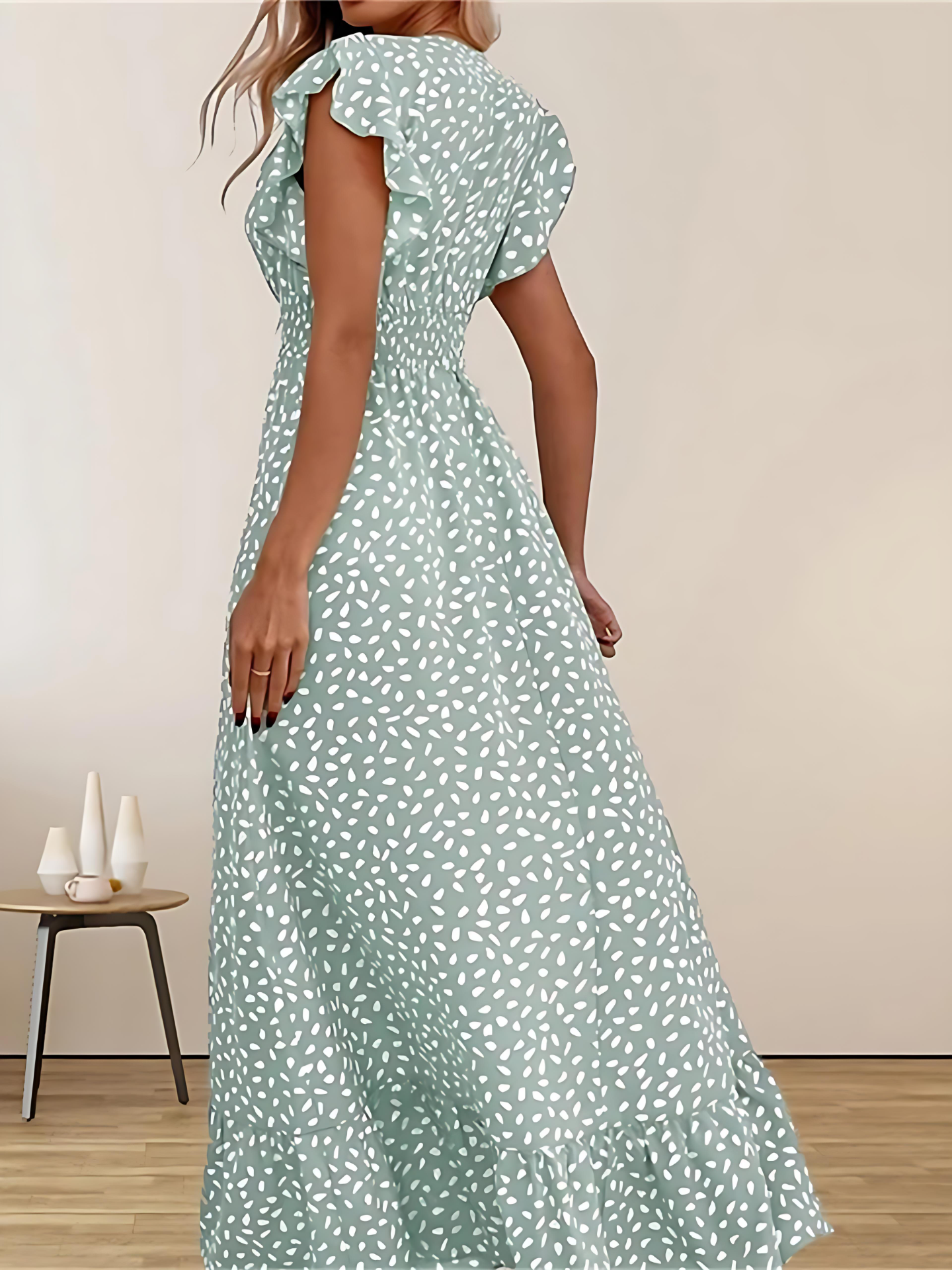 Ditsy Floral All Over Print Boho Ruffles Cap Sleeve V-neck Flounce Sleeve A-line Dress