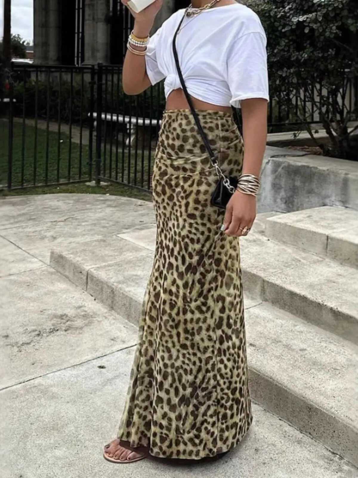Fashion Fitted High Waist Daily Outdoor Wear Bodycon Leopard Printed Long Skirt