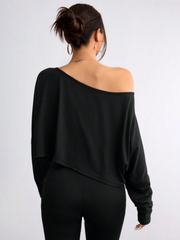 Solid Slashed Batwing Oblique Shoulder Long Sleeve Cropped T-Shirt