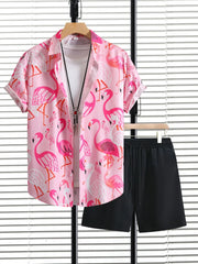 Flamingo Floral Summer Vacation Hawaii Shirts & Solid Shorts