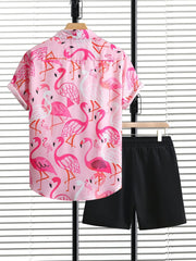 Flamingo Floral Summer Vacation Hawaii Shirts & Solid Shorts