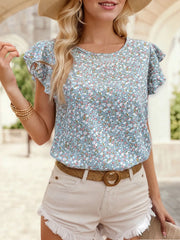 Floral Round Neck Short Sleeve Blouse