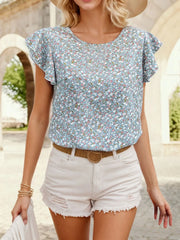 Floral Round Neck Short Sleeve Blouse