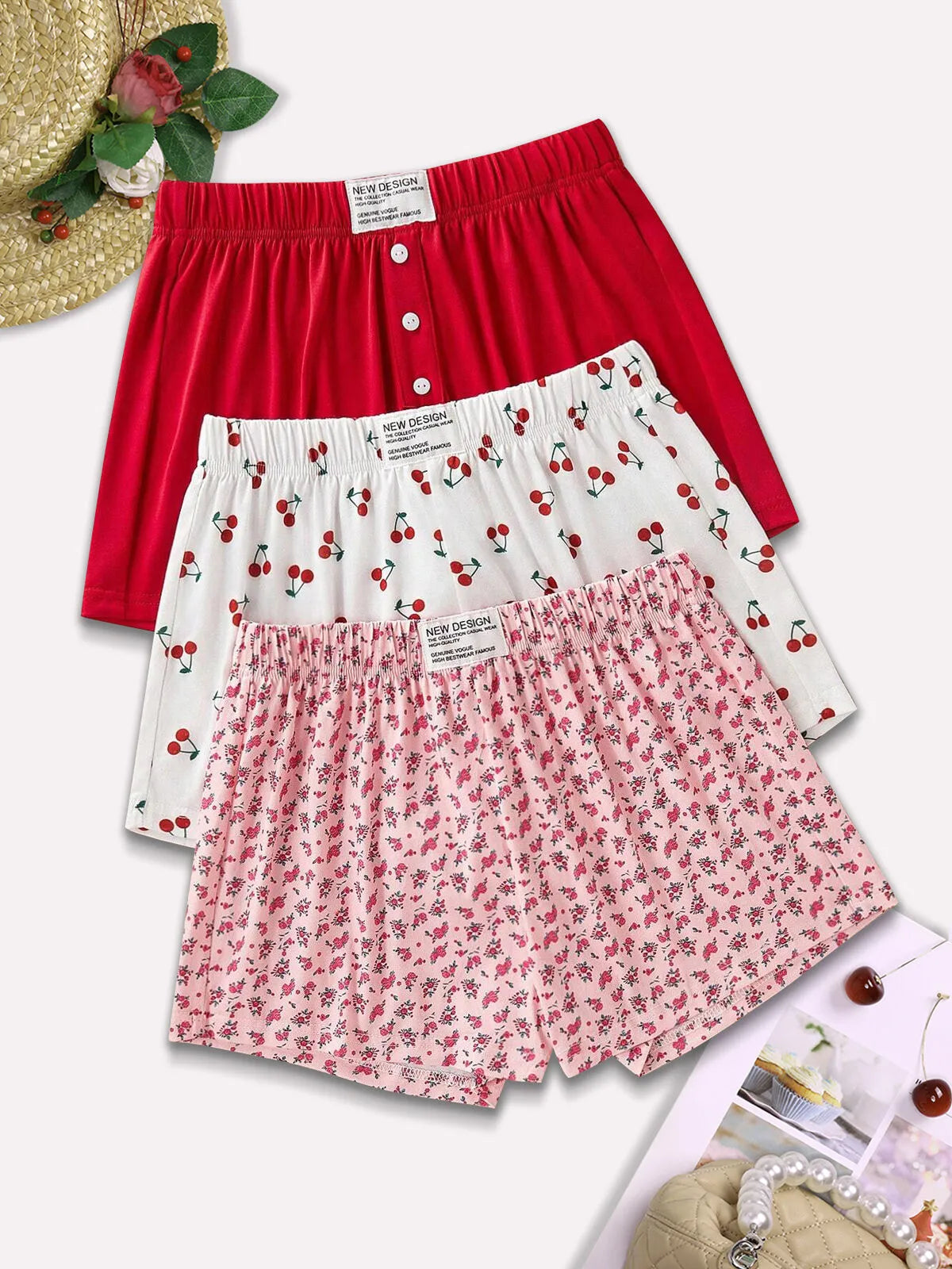3-Pack Solid Cherry Ditsy Floral Woven Fabric Short Pajama Bottom