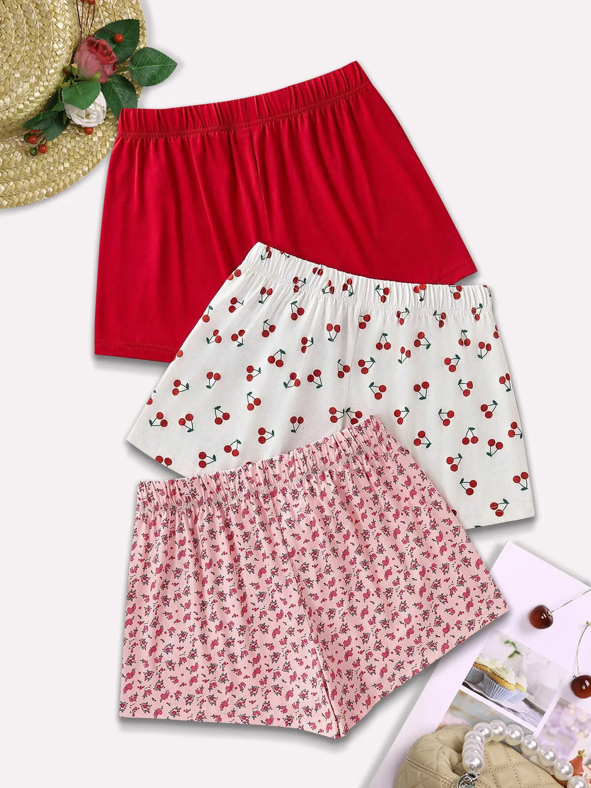 3-Pack Solid Cherry Ditsy Floral Woven Fabric Short Pajama Bottom