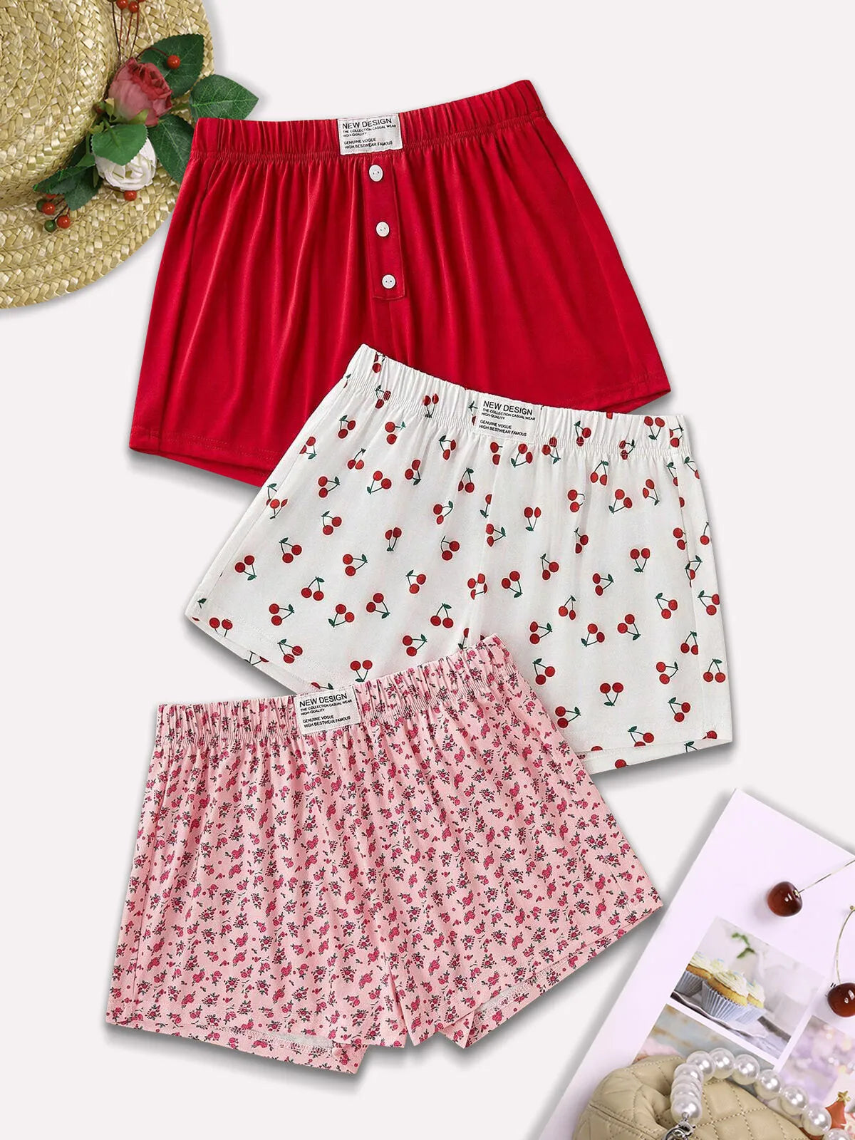 3-Pack Solid Cherry Ditsy Floral Woven Fabric Short Pajama Bottom