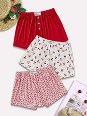 3-Pack Solid Cherry Ditsy Floral Woven Fabric Short Pajama Bottom