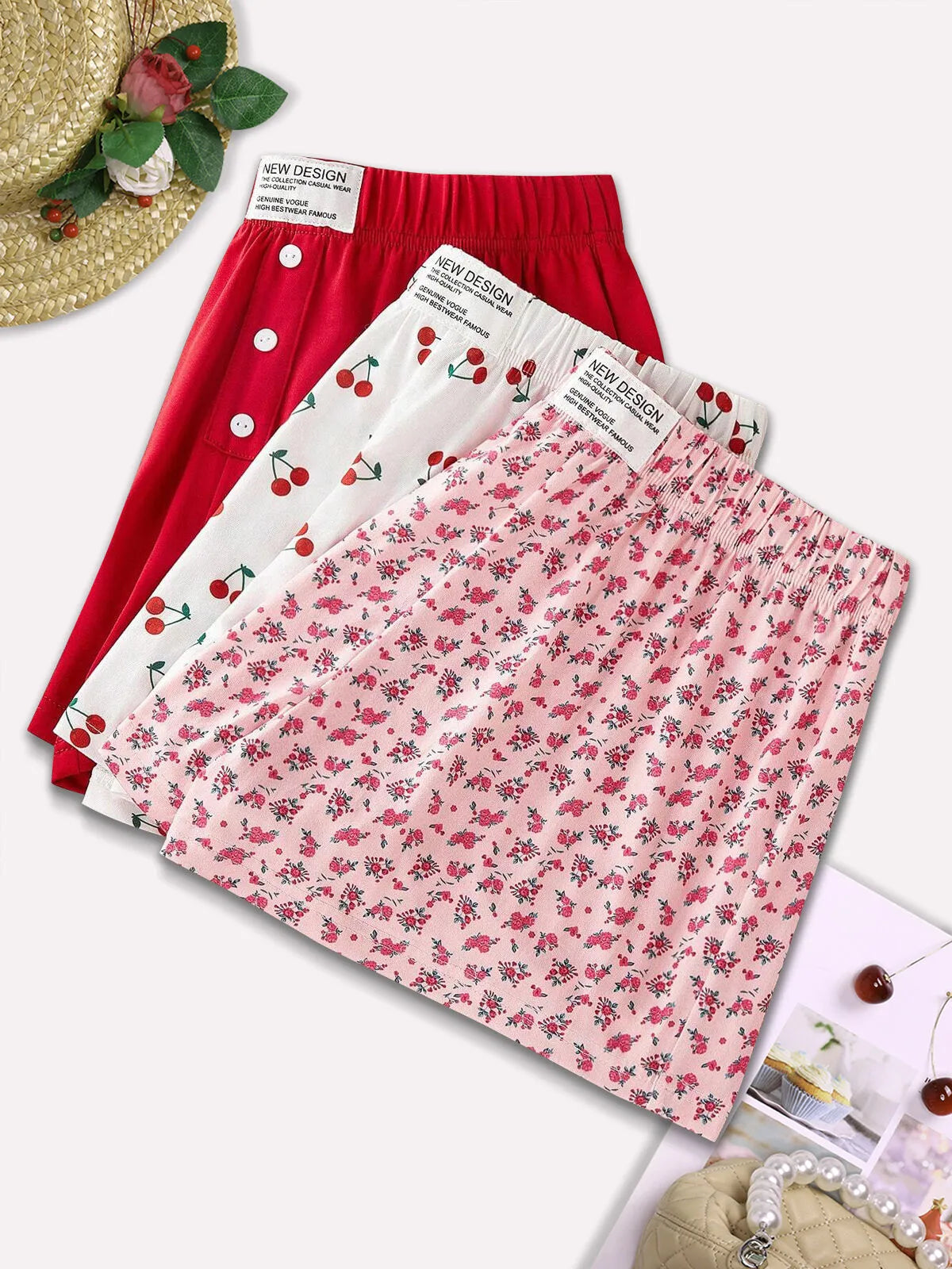3-Pack Solid Cherry Ditsy Floral Woven Fabric Short Pajama Bottom