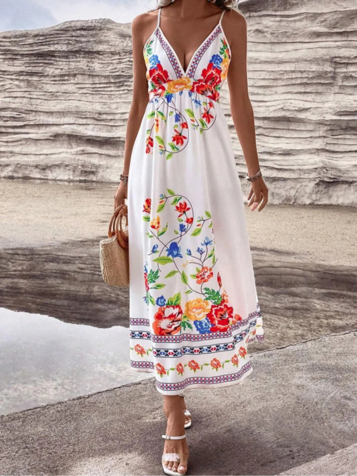 Floral Backless Spaghetti Strap A-line Dress