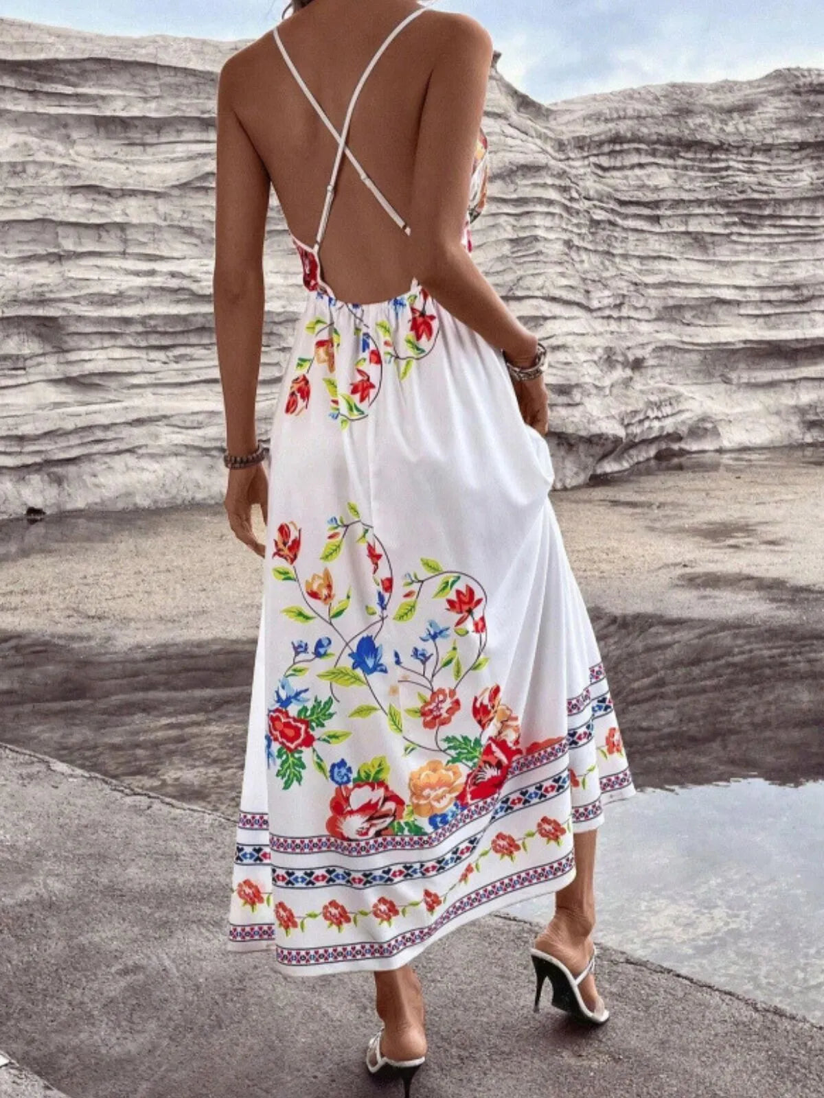 Floral Backless Spaghetti Strap A-line Dress