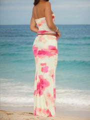 Floral Beach Vacation Strapless Crop Bandeau & Floral Bodycon Skirt