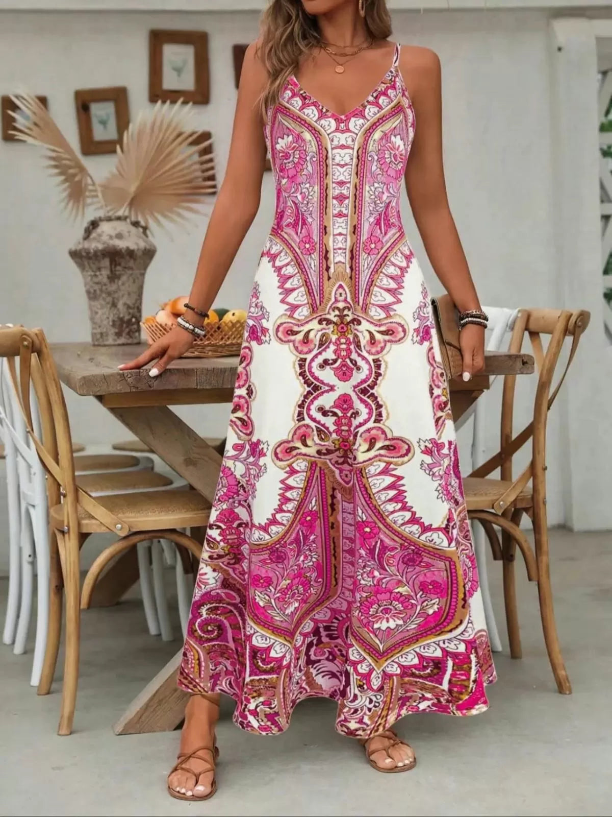 Floral Boho Backless Spaghetti Strap A-line Dress for Beach Holiday Vacation