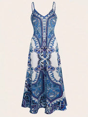 Floral Boho Backless Spaghetti Strap A-line Dress for Beach Holiday Vacation